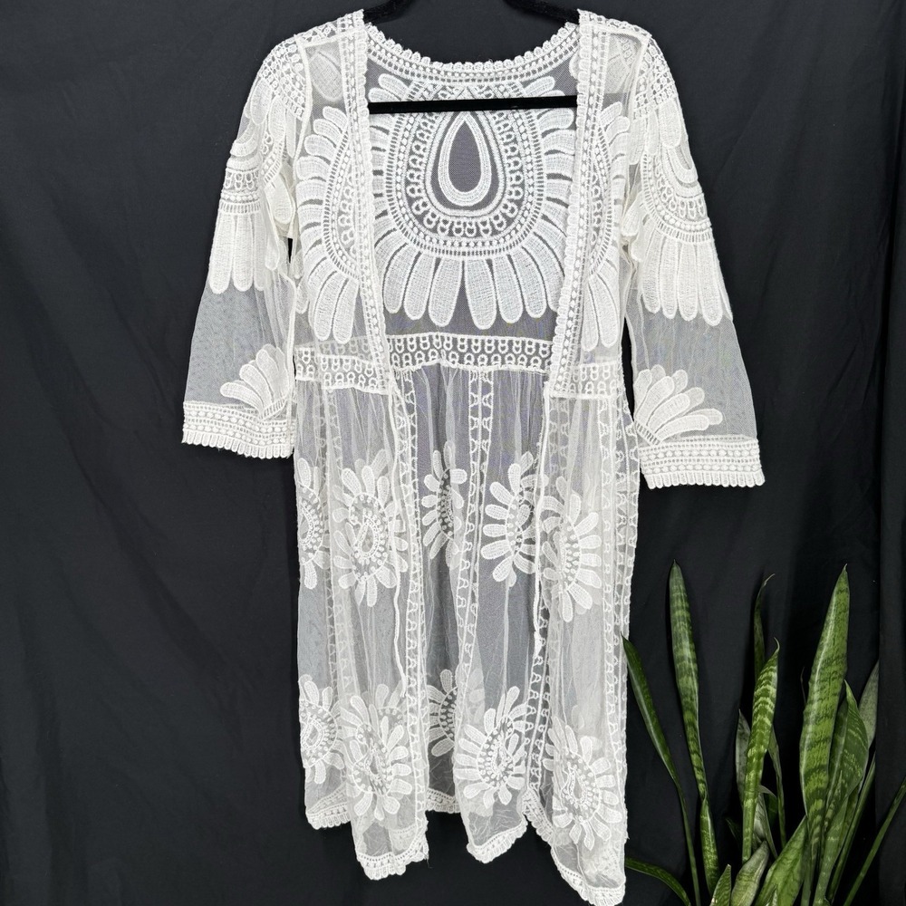 White Sheer Mesh Boho Kimono L Embroidered Long Cowgirl Country Concert Western